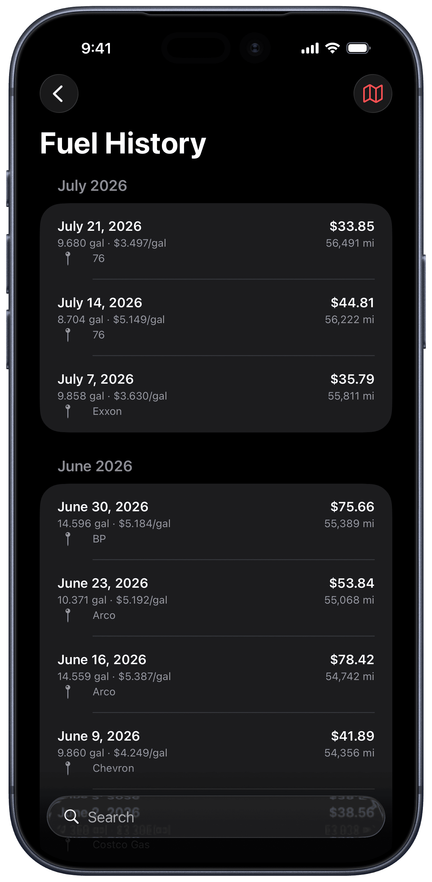 Curb history view grouped by month with search bar