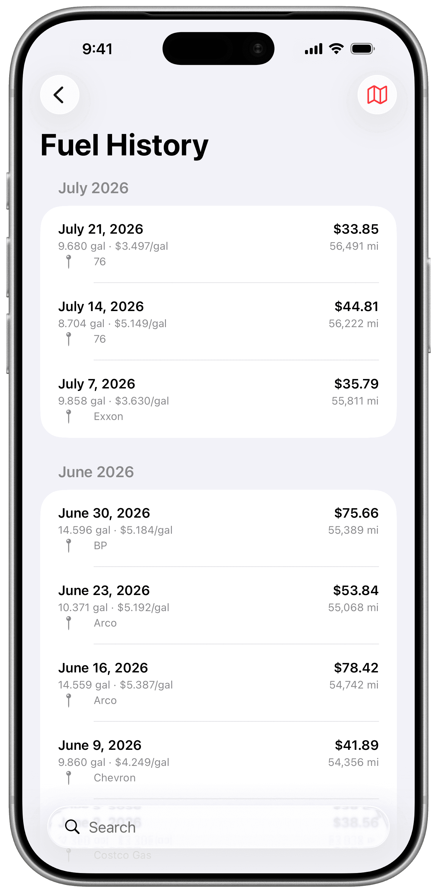 Curb history view grouped by month with search bar
